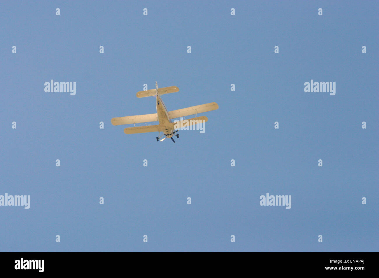 White colored biplane flying in the blue sky Stock Photo - Alamy