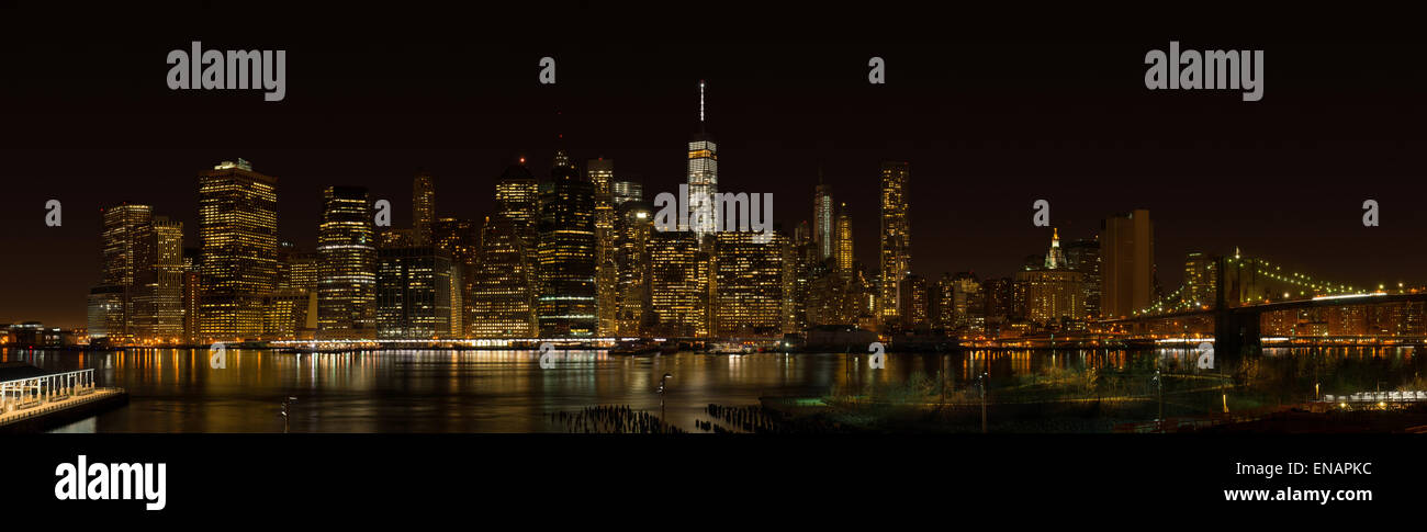 New York City Manhattan night panorama with Brooklyn bridge Stock Photo ...
