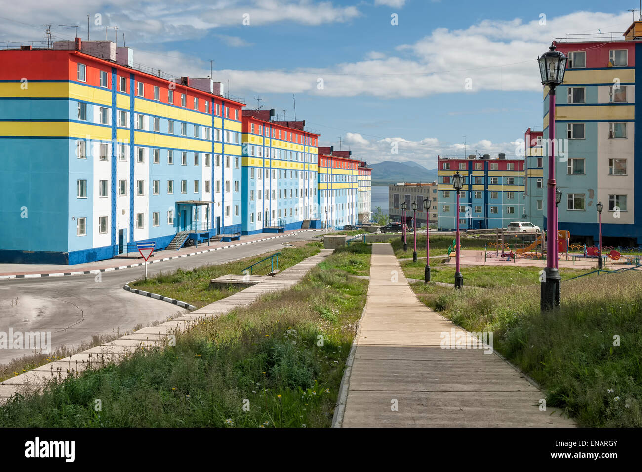 Coloured apartment houses, Siberian city Anadyr, Chukotka Province