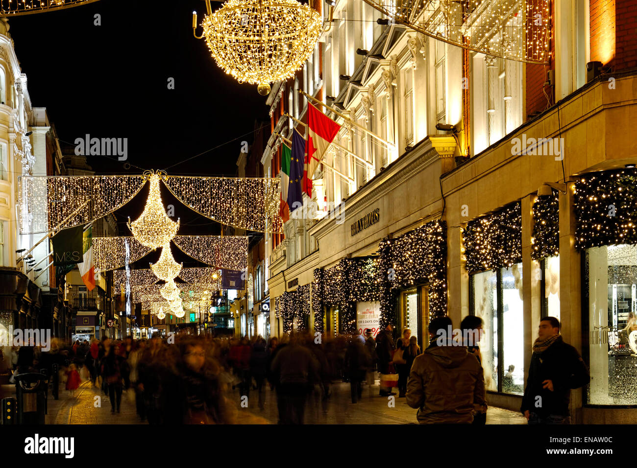 Christmas street decorations at night, Dublin, Republic of Ireland