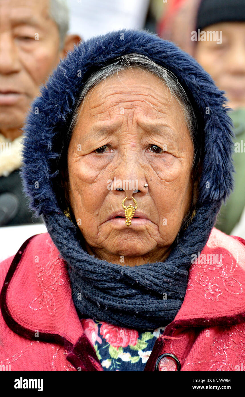 London, England, UK. Elderly Nepalese woman wearing a nose stud (phuli) and hanging nose ornament (bulaki) Stock Photo