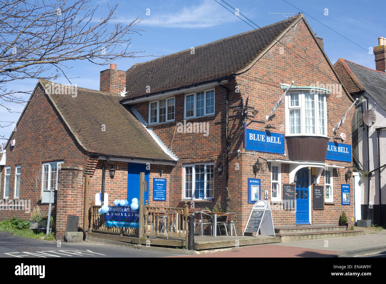 Blue Bell Inn on South Street Emsworth with signs and outside seating Stock Photo