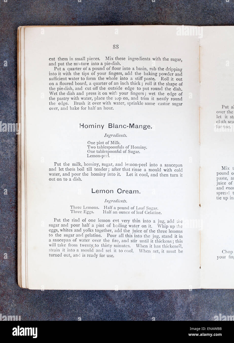Hominy Blancmange Blanc-mange Lemon Cream recipes from Plain Cookery Recipe Book by Mrs Charles Clarke Stock Photo