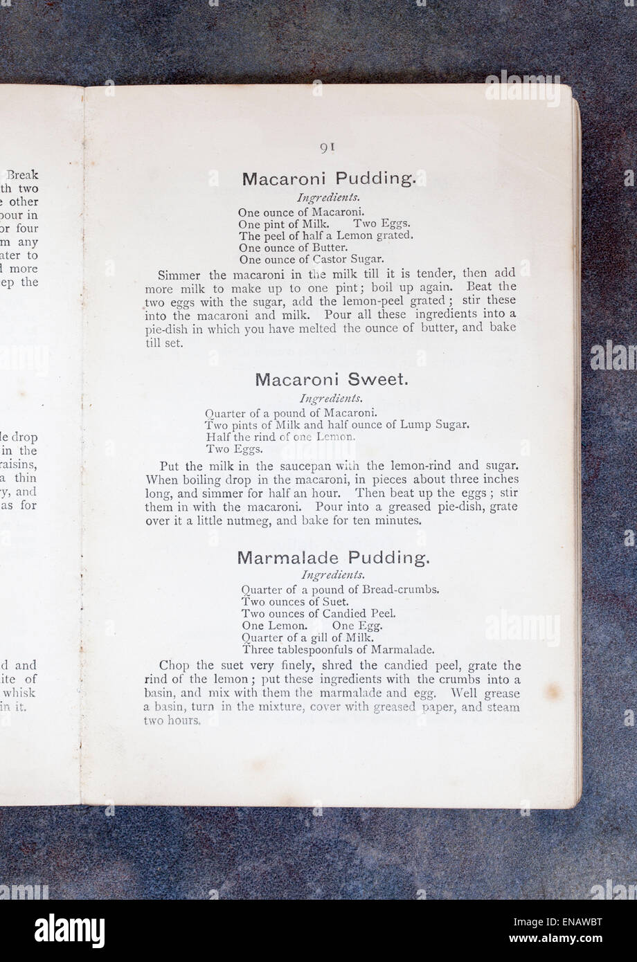 Macaroni Pudding Sweet Marmalade Pudding Recipes from Vintage Cookery Book Stock Photo