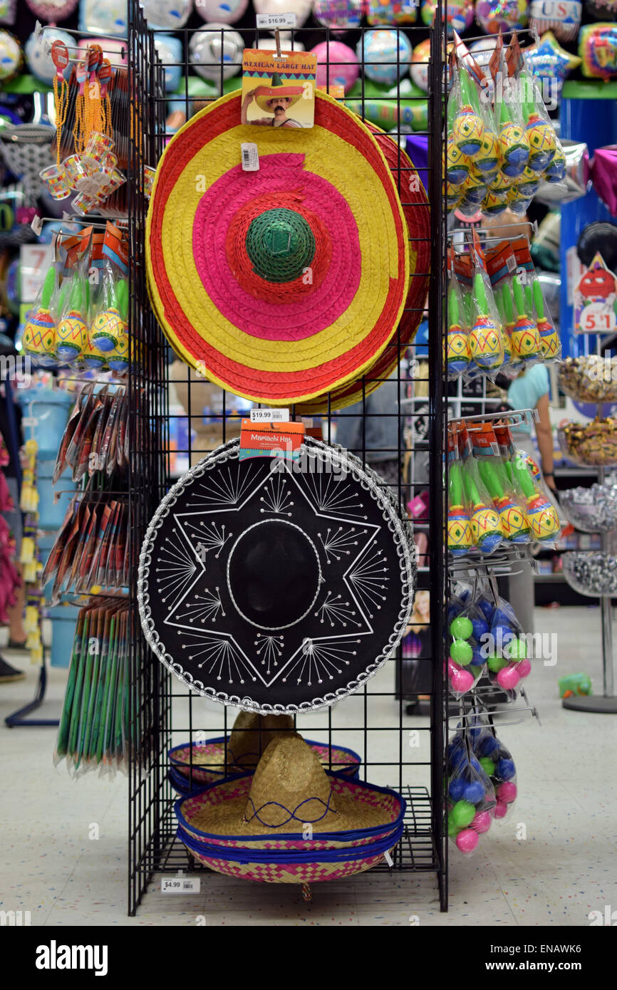 Sombreros, maracas and other party items for sale at the Party Store in Greenwich Village, Manhattan, New York City Stock Photo