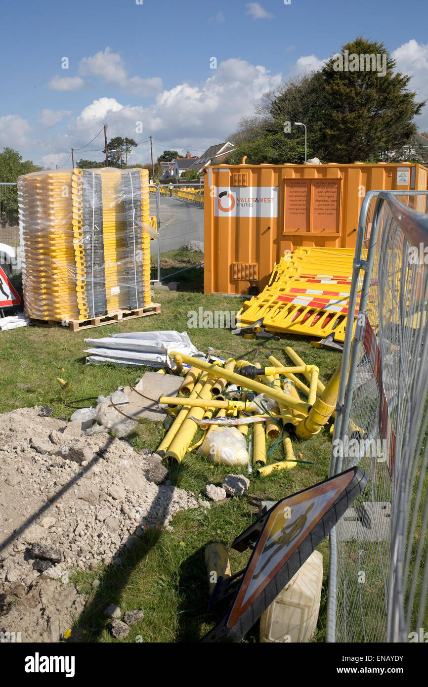 piles of equipment stored for use in gas main replacement work Stock Photo