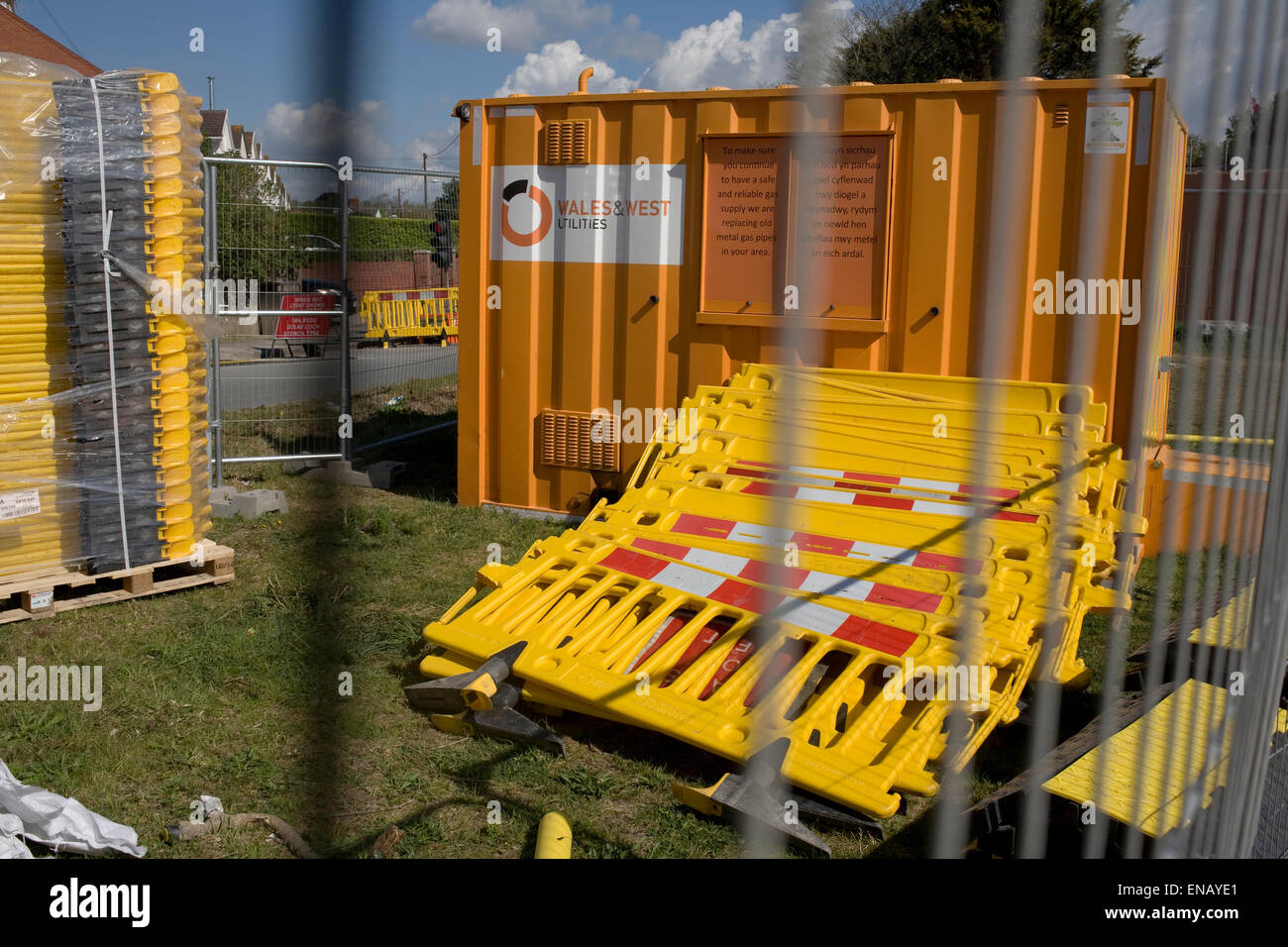 storage area for safety barriers and equipment for replacing gas main Stock Photo