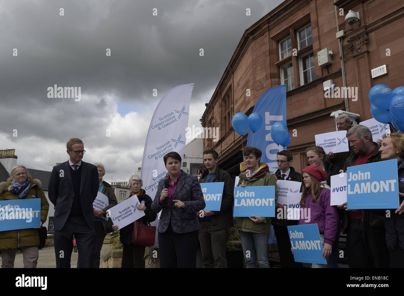 Melrose, UK. 01 May 2015. General Election 2015.  Scottish Conservative leader Ruth Davidson speaks at a rally in Melrose, in the Scottish Borders. In the final few days of campaigning, Ruth joins local candidate John Lamont (Berwickshire, Roxburgh & Selkirk) in the Market Square. The final push campaigning in the run up to the General Election on 7th May 2015.  Local Candidate John Lamont (Scottish Conservative and Unionist Party) on the streets. Credit:  Rob Gray/Alamy Live News Stock Photo