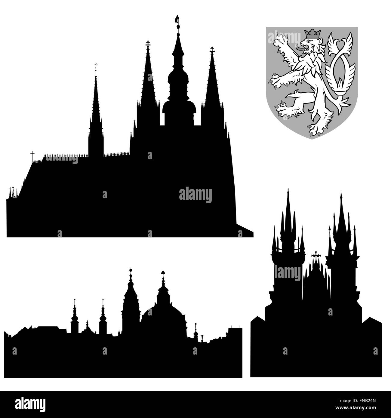 Famous landmarks of Prague - Prague castle, church of saint Nikolas, church of Virgin Mary front Tyn  - vector illustration Stock Vector