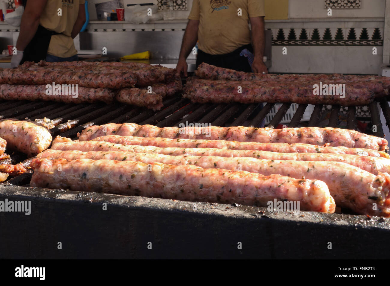 Argentinean Style Morcilla Black Sausage and chorizos on  bbq, barbecue meat, Charcoal grill, Spain. Stock Photo