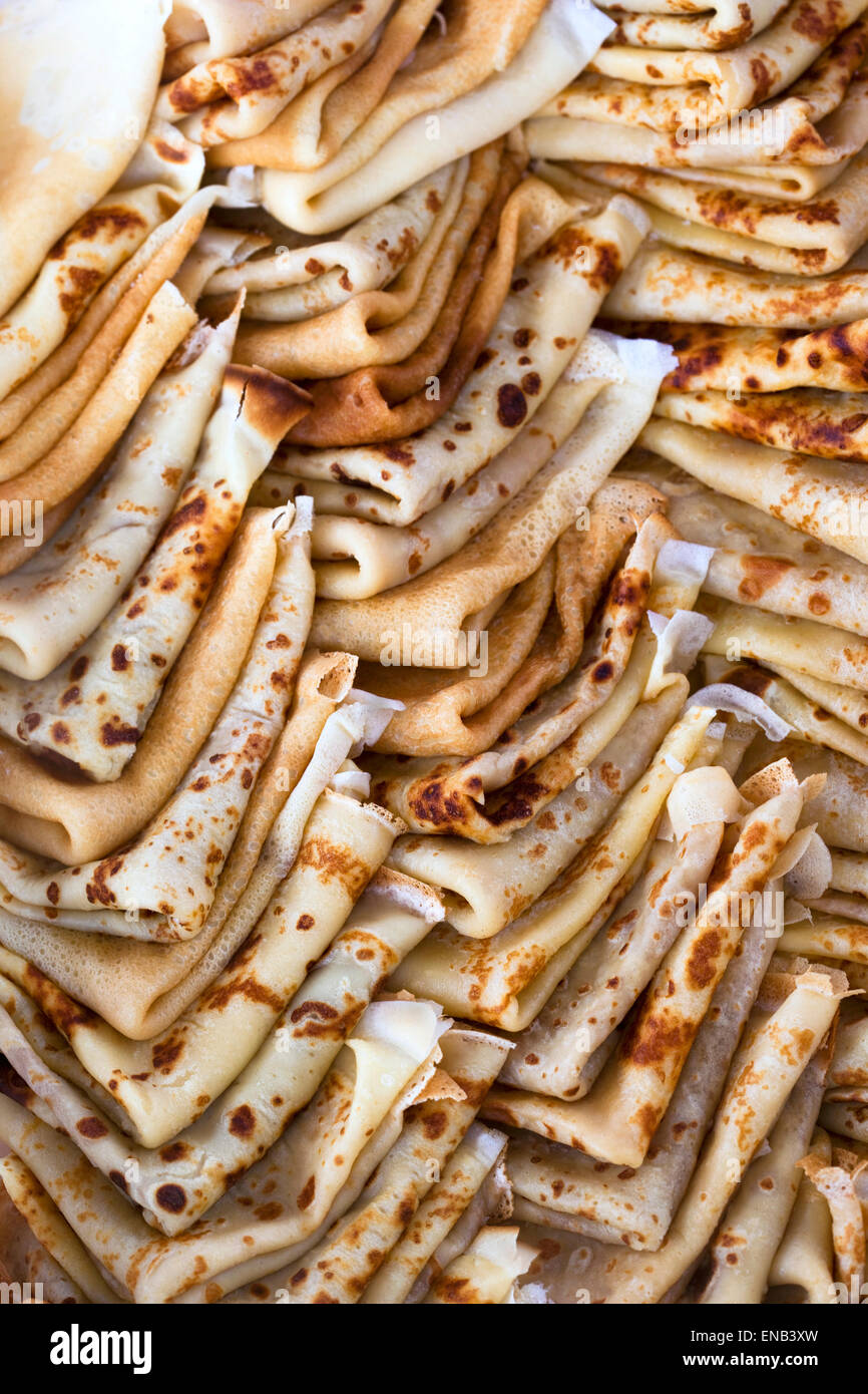 Close up of a pile of pancakes in a bakery