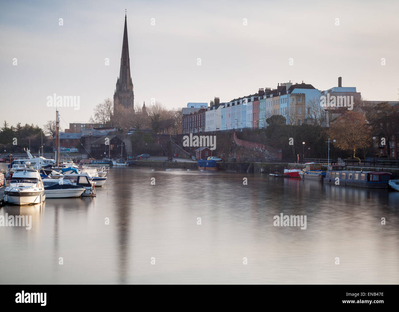 A general view (GV) of Redcliffe Cathedral and the Georgian properties on the Floating Harbour in Bristol Stock Photo