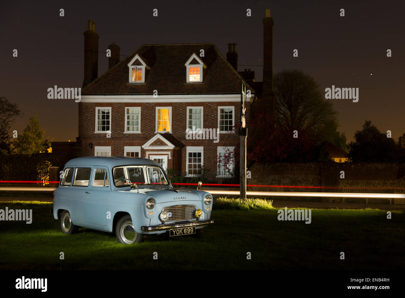 Ford 100E Escort Estate, Baby Blue light painting at night in a small village called Otford in Kent, UK. Stock Photo
