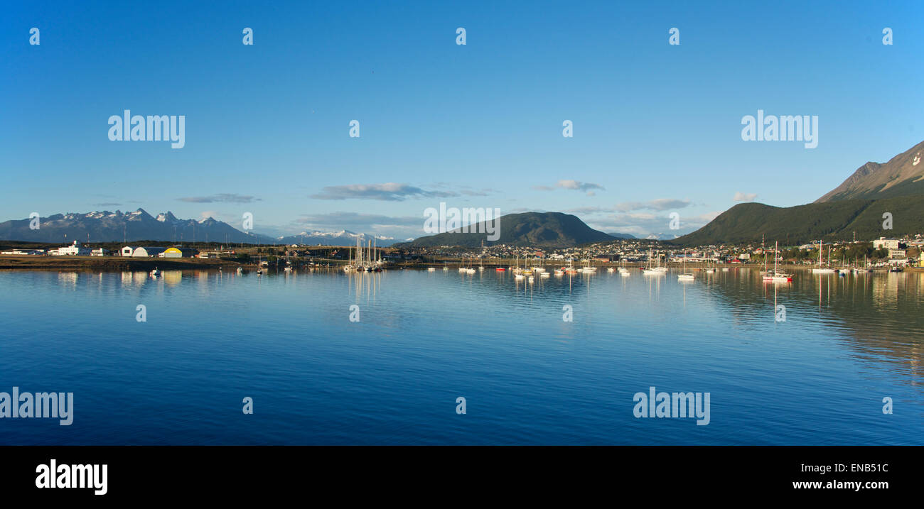 Panoramic view Ushuaia harbour with moored yachts Tierra del Fuego Argentina Stock Photo