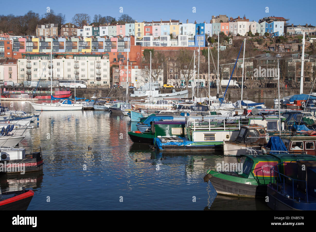 Boats and the colourful houses in Hotwells in Bristol Stock Photo