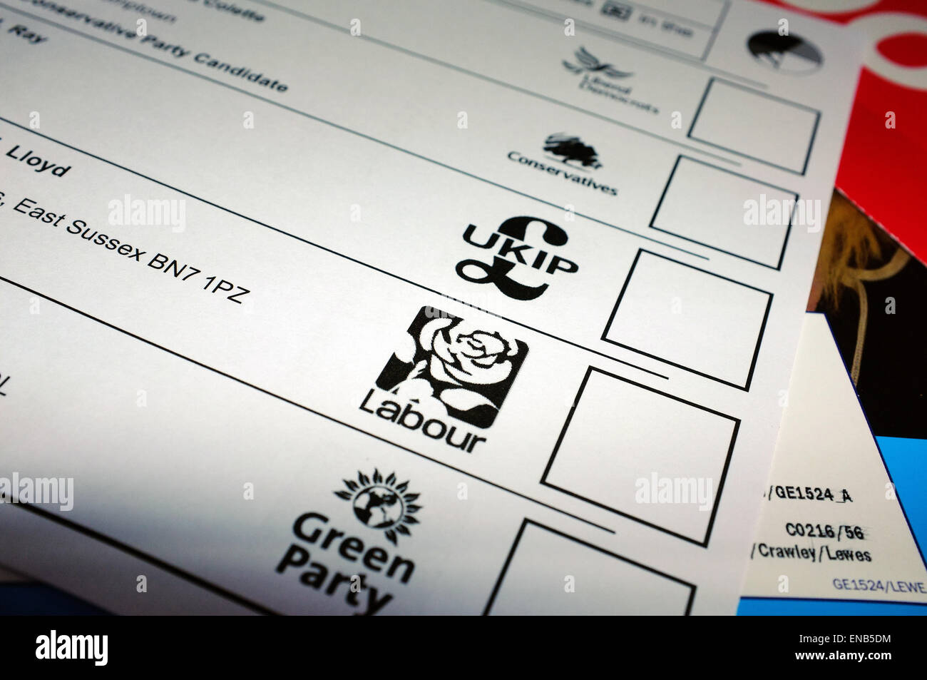 A pile of 2015 UK General Election literature and a voting slip. Stock Photo