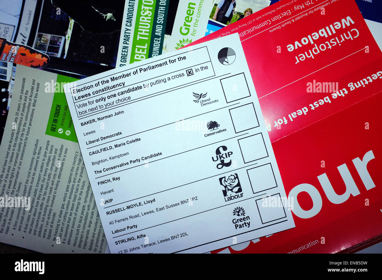 A pile of 2015 UK General Election literature and a voting slip. Stock Photo
