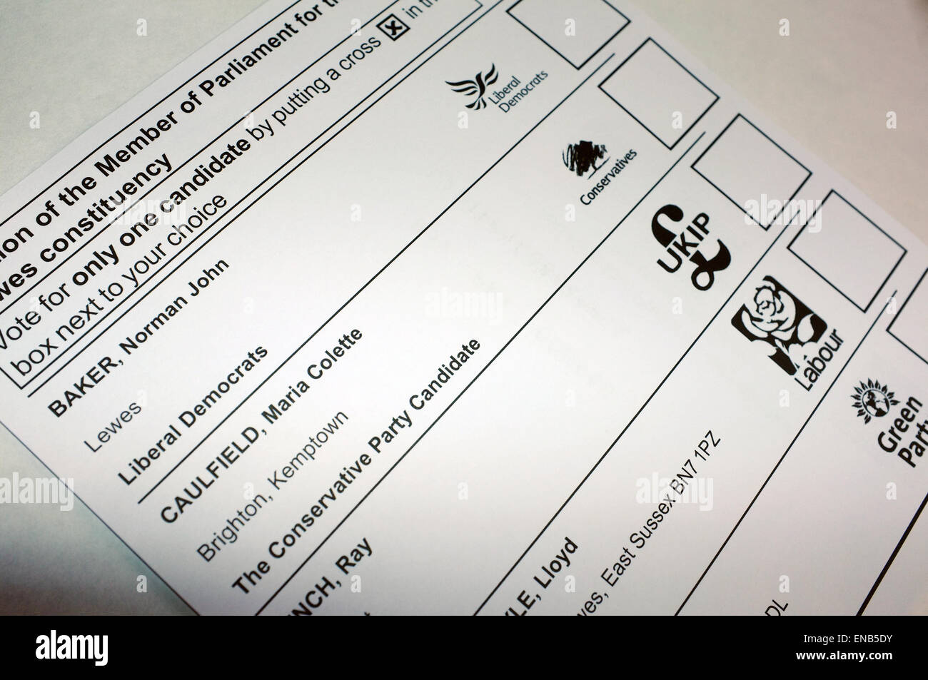 The candidate options on postal vote ballot paper for the 2015 UK General Election. Stock Photo