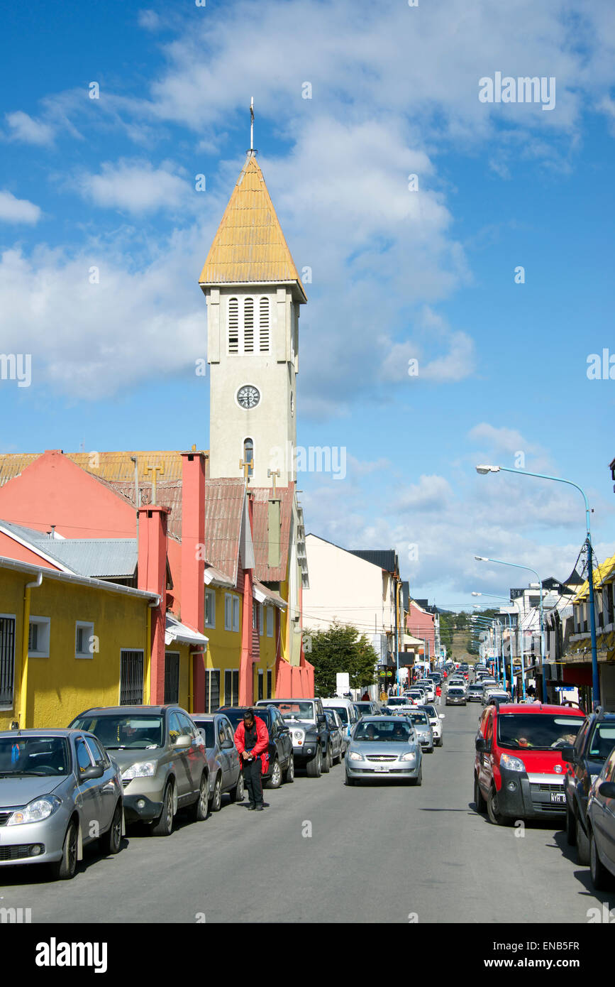 San Martin Street with Lady of Mercy Church Ushuaia most southern city on earth Tierra del Fuego Argentina Stock Photo