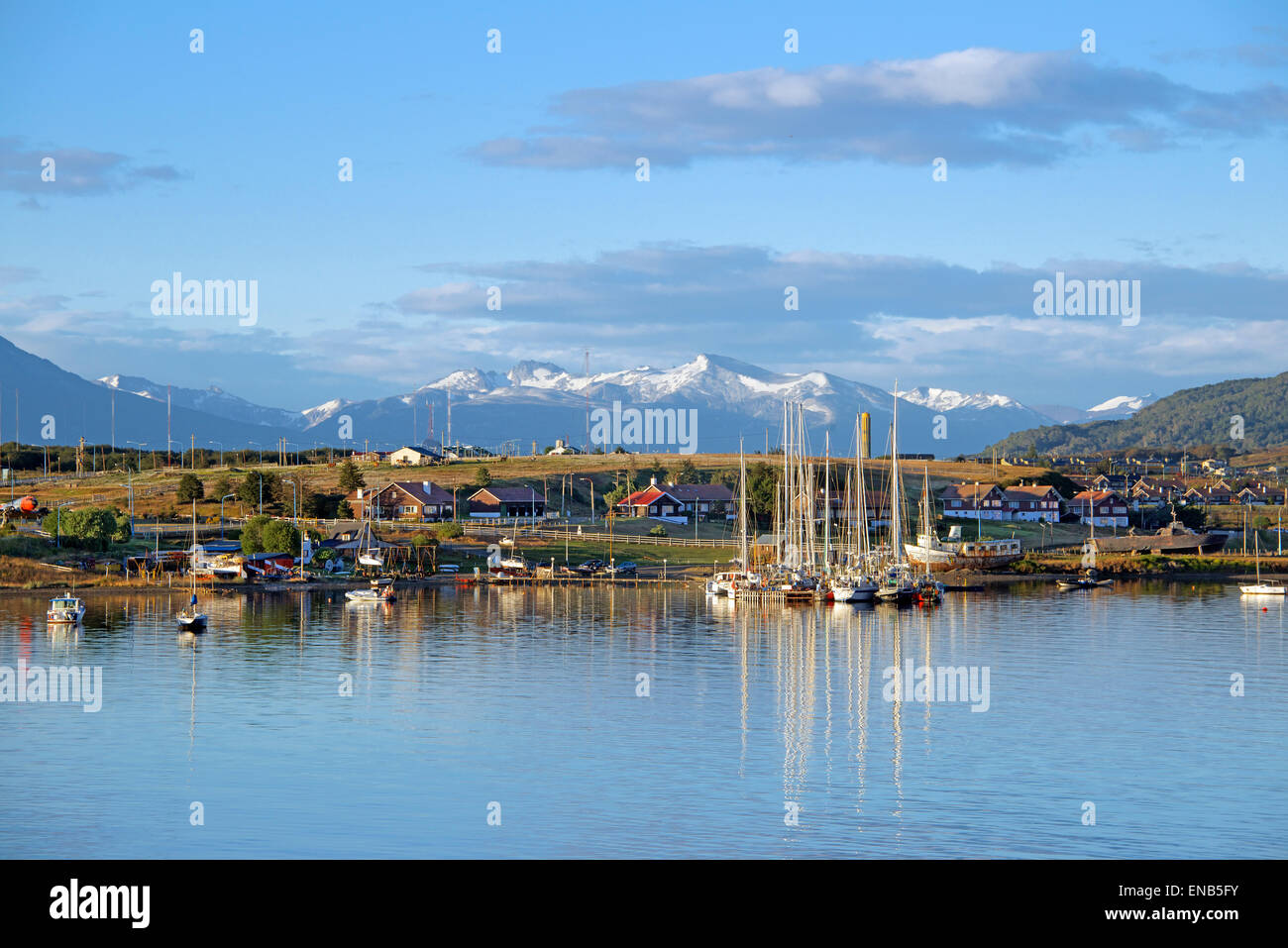 Ushuaia bay with moored yachts Tierra del Fuego Argentina Stock Photo