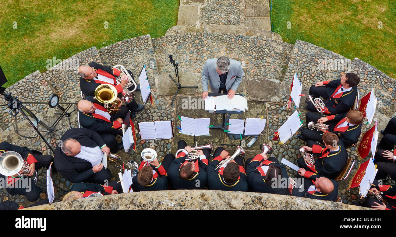 Brass band playing at Festival No.6, Portmeirion, Wales, UK and people
