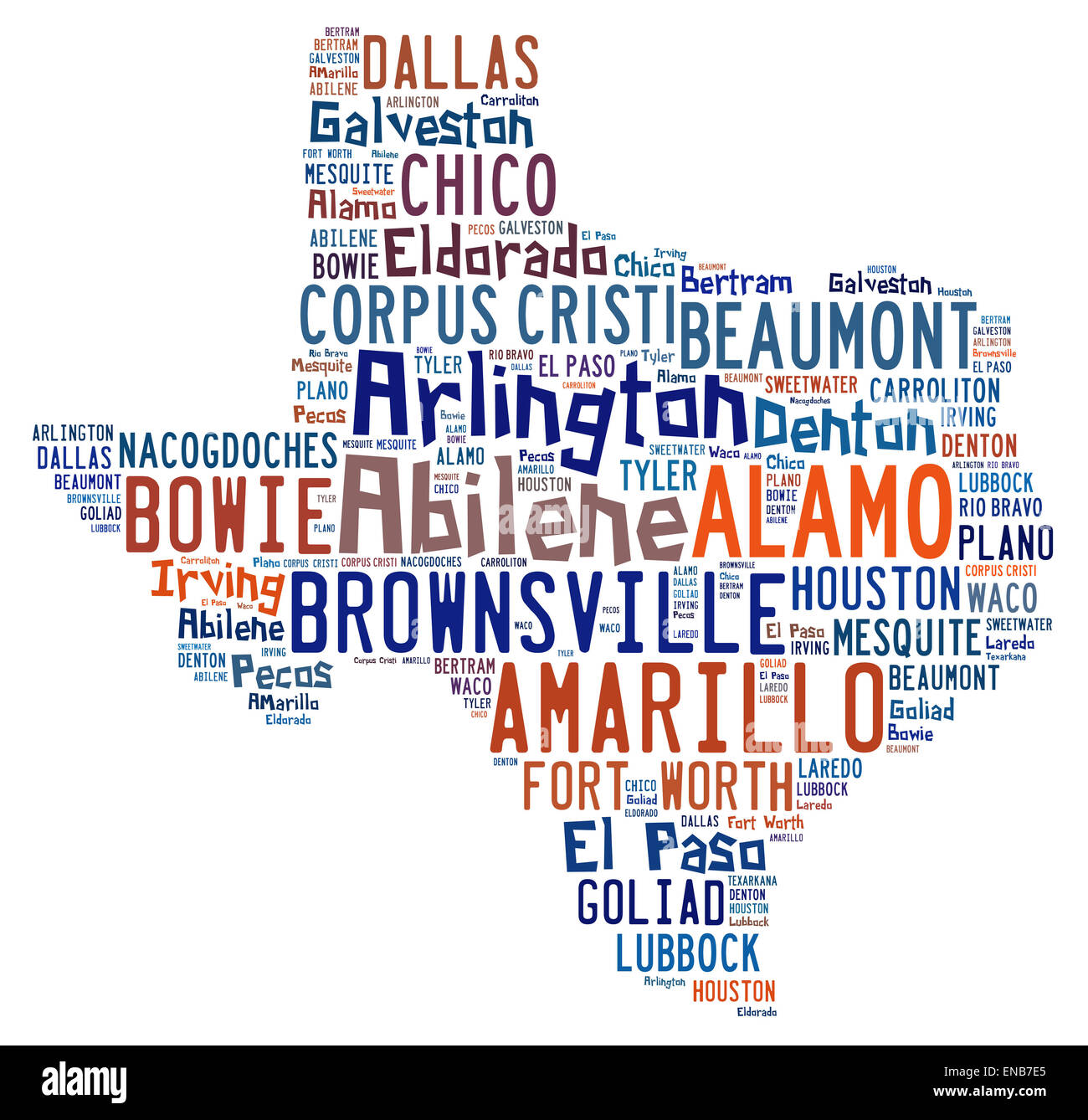 Word cloud shaped like Texas with the names of cities found in Texas Stock Photo