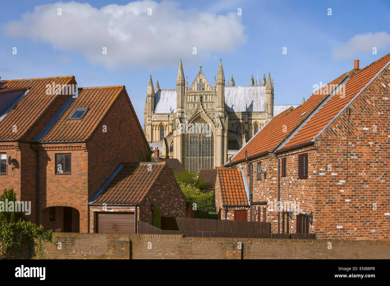 Beverley Minster and town houses on a bright spring morning in the heart of the market town of Beverley, Yorkshire, UK. Stock Photo