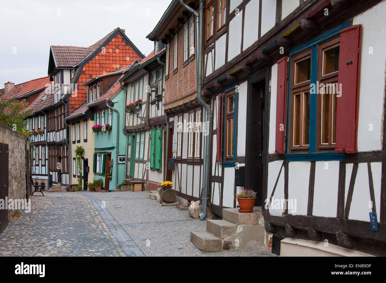 Medieval half-timbered houses at Schlossberg, Quedlinburg, Saxony-Anhalt, Germany Stock Photo