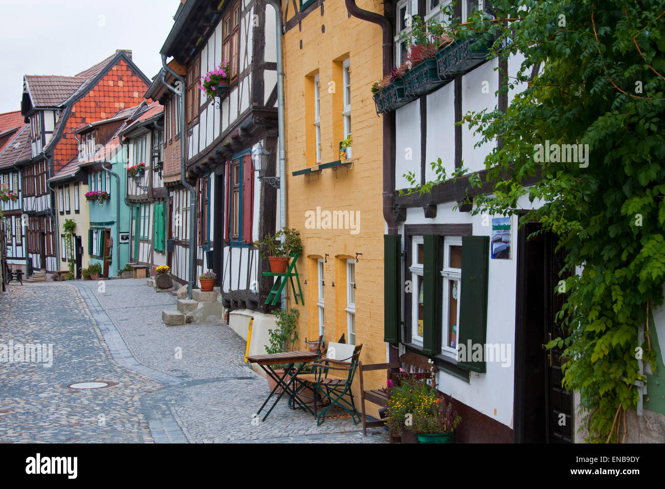 Medieval half-timbered houses at Schlossberg, Quedlinburg, Saxony-Anhalt, Germany Stock Photo