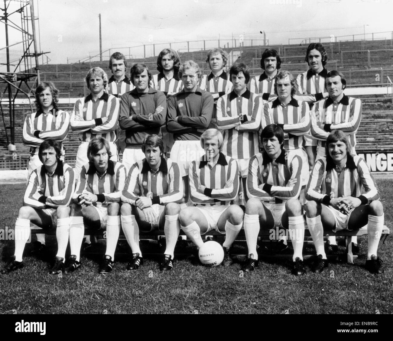 Stoke City Football Team, pre season photograph. August 1974. Back Row Left to Right Kevin Lewis Alan Dodd Gerard Conroy Eric Skeels Sean Hazelgrave Centre Row Left to Right Michael Pejic Dennis Smith J Farmer Michael McDonald Alan Bloor John Mahoney John Stock Photo