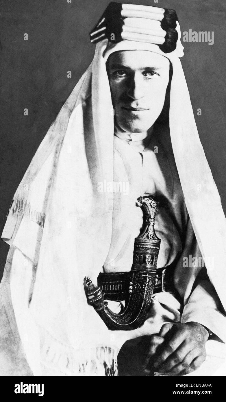 Lieutenant Colonel Thomas Edward (T.E.) Lawrence, an officer in the British army known for his role in the Arab revolt against Ottoman Turkish rule of 1916-18 during World War One. He was commonly known by his nickname Lawrence of Arabia. Stock Photo
