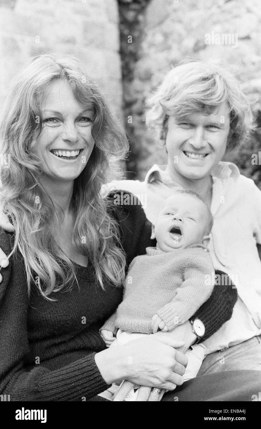 Former model Jean Shrimpton, 36, pictured with husband Michael Cox and baby son Thaddeus, aged 3 months, at home in Cornwall, Tuesday 2nd October 1979. Stock Photo