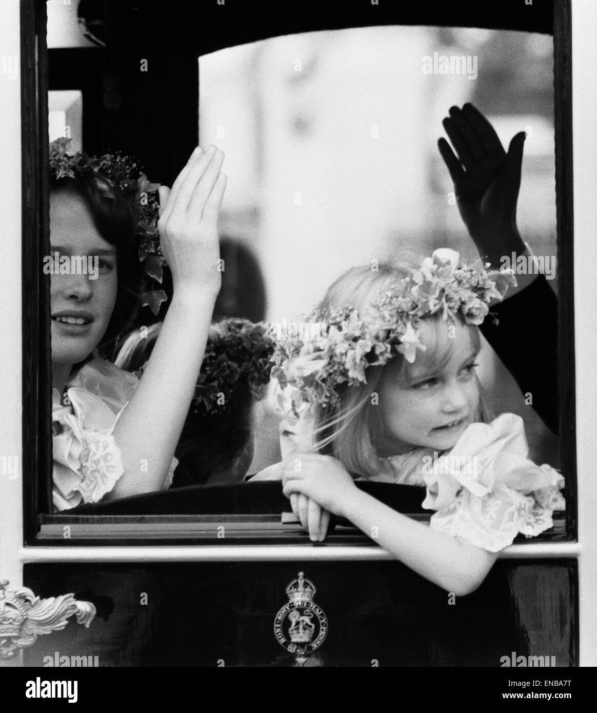 Prince Charles and Diana Spencer wedding, 29th July 1981. Clementine Hambro, the youngest bridesmaid at five years old, on her way to St Pauls. Also. India Hicks aged 13. Stock Photo