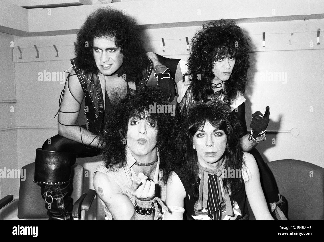 American rock group Kiss seen here in a very quick break between numbers at their concert at Wembley Arena, supposedly the first time they have been seen without their stage make up. Top row Left to right are: Gene Simmons and Eric Carr. Bottom row: Paul Stock Photo