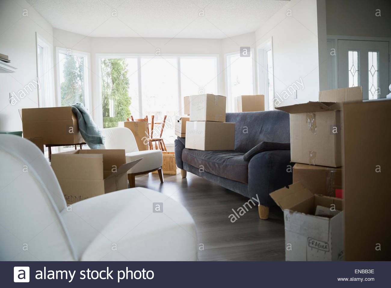 Moving boxes and furniture in living room Stock Photo