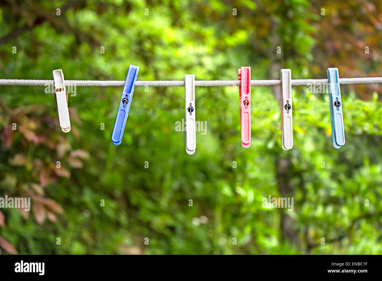 Many plastics clothes pin on washing line Stock Photo Alamy