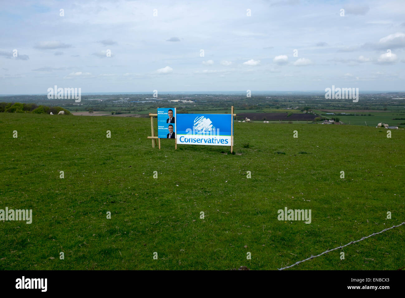 Consevatives Election Banner in field overlooking Swindon in Wiltshire Stock Photo