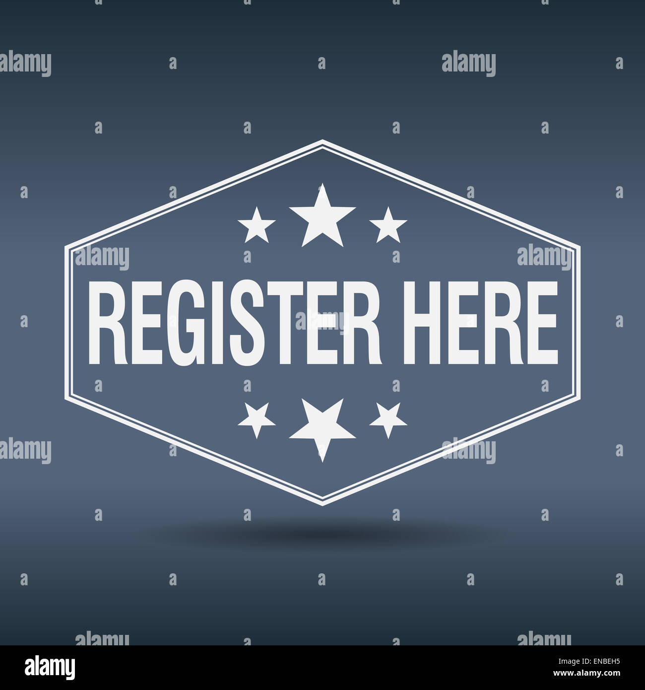 register here hexagonal white vintage retro style label Stock Photo - Alamy