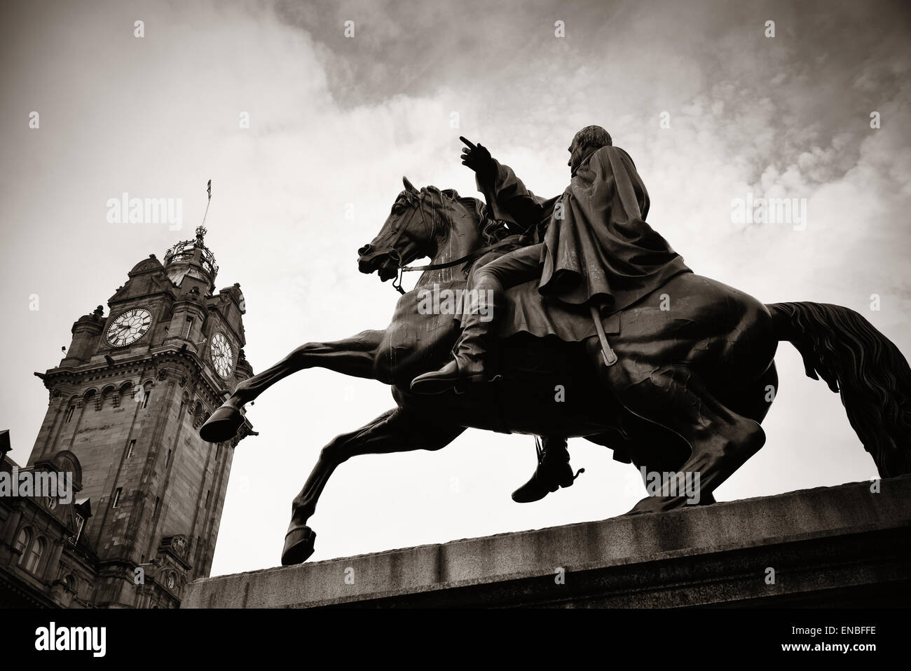 The Duke of Wellington Statue and bell tower of Balmoral Hotel in
