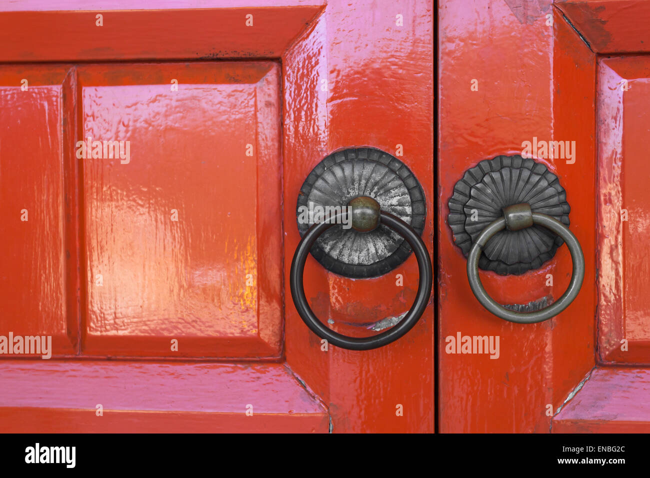 Red chinese door at Hong Kong Temple Stock Photo