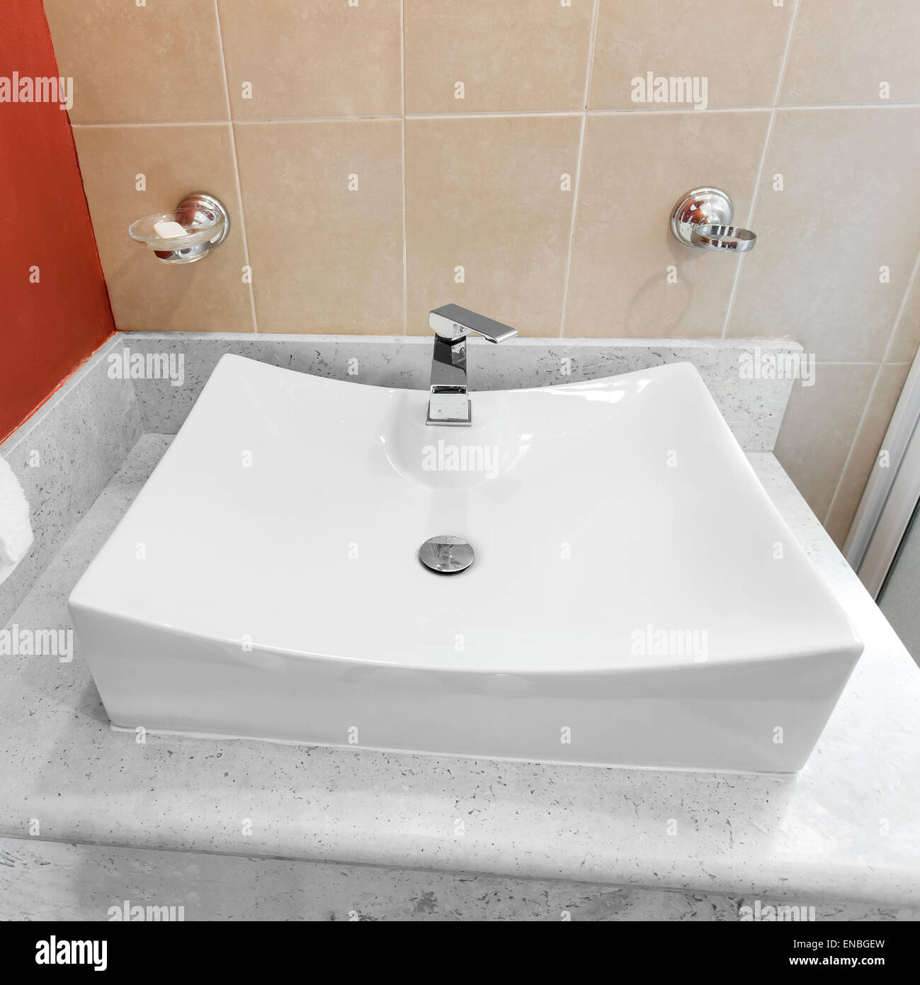 Faucet in bathroom, water is running Stock Photo Alamy