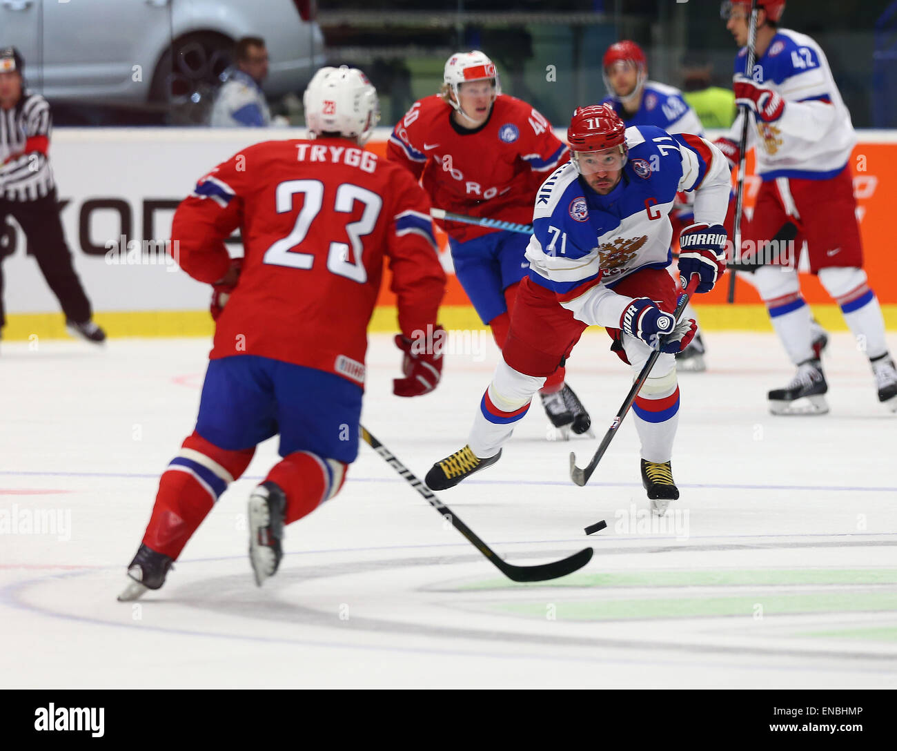 Mats Trygg of Norway, left, and Ilya Kovalchuk of Russia, right, in action  during the Ice Hockey World Championship Group B match Russia vs Norway in  Ostrava, Czech Republic, May 1, 2015. (