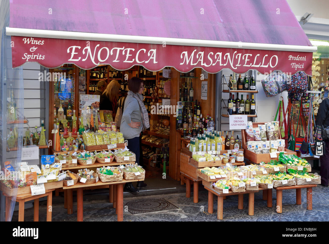Enoteca Masaniello wine shop selling limoncello and pasta, Amalfi