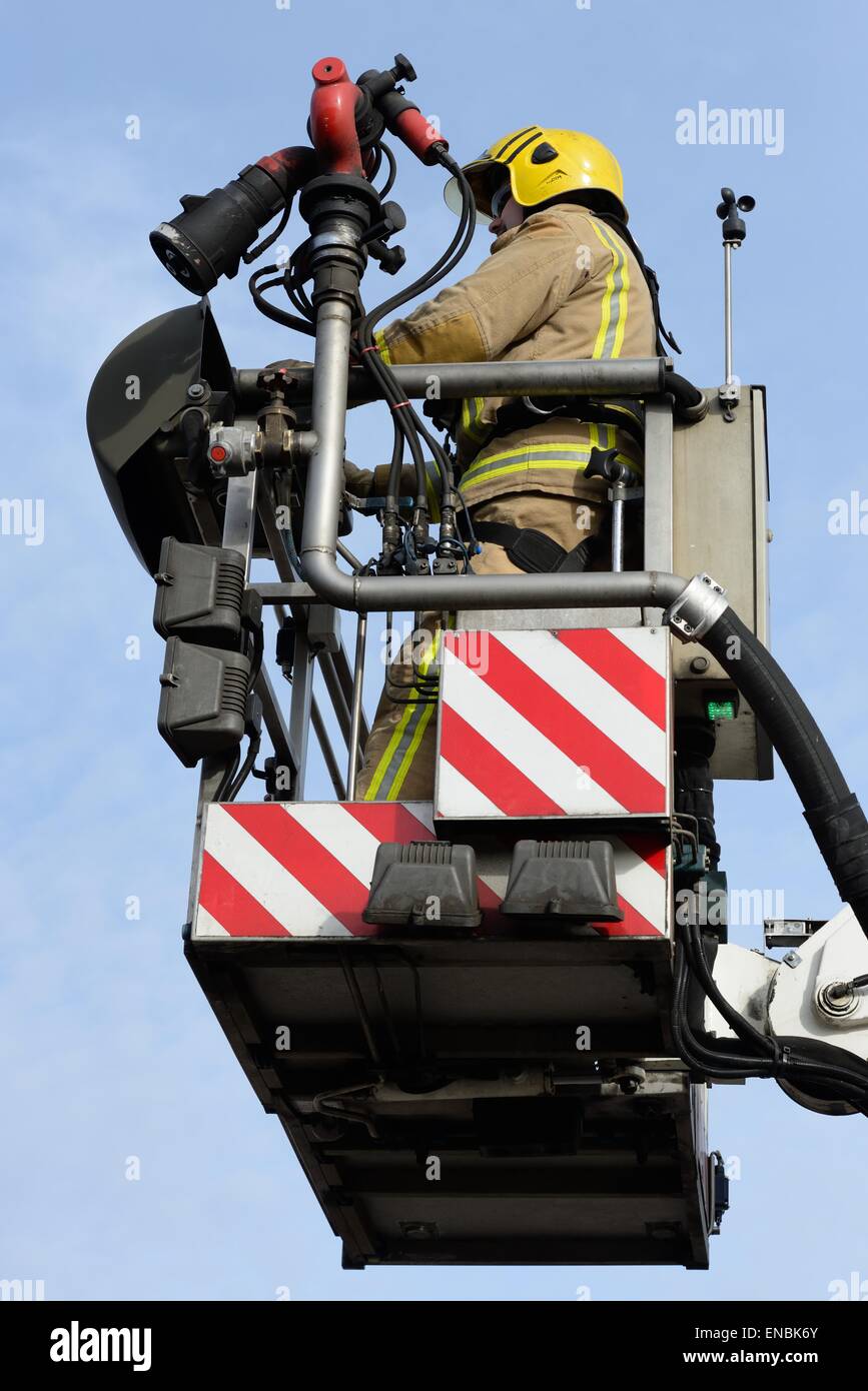 Scottish fire and rescue service aerial rescue platform cage and operator Stock Photo