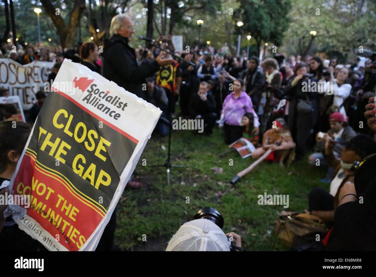 Protest against the forced closure of remote Aboriginal communities in Sydney. Pictured: John Richard Pilger. Stock Photo