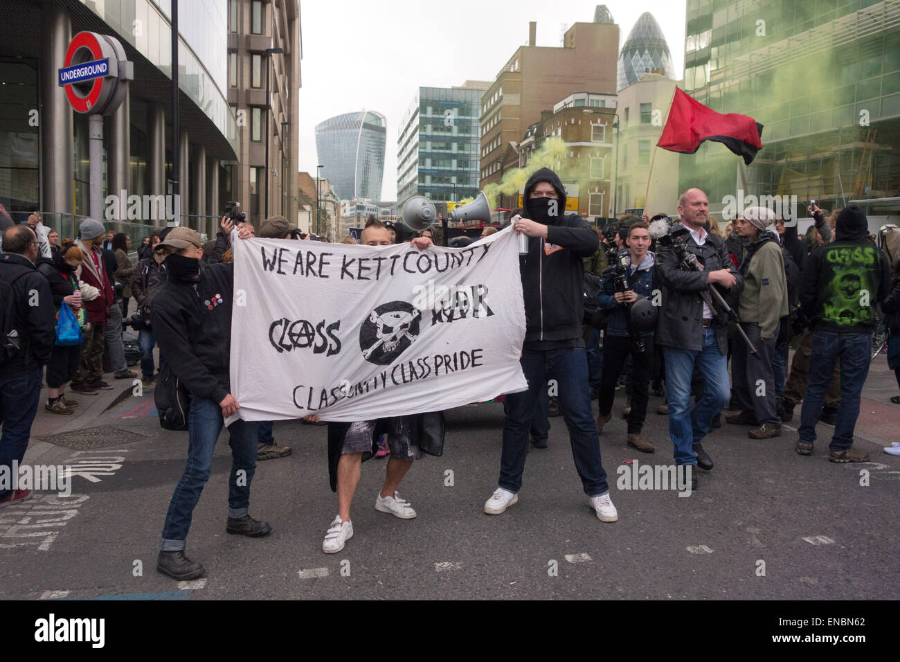 London, 1st May 2015 Anti-capitalist protesters march through central London from Aldgate East tube station to Frith Street in Soho as part of a May day anti-gentrification protest. Credit:  Patricia Phillips/Alamy Live News Stock Photo