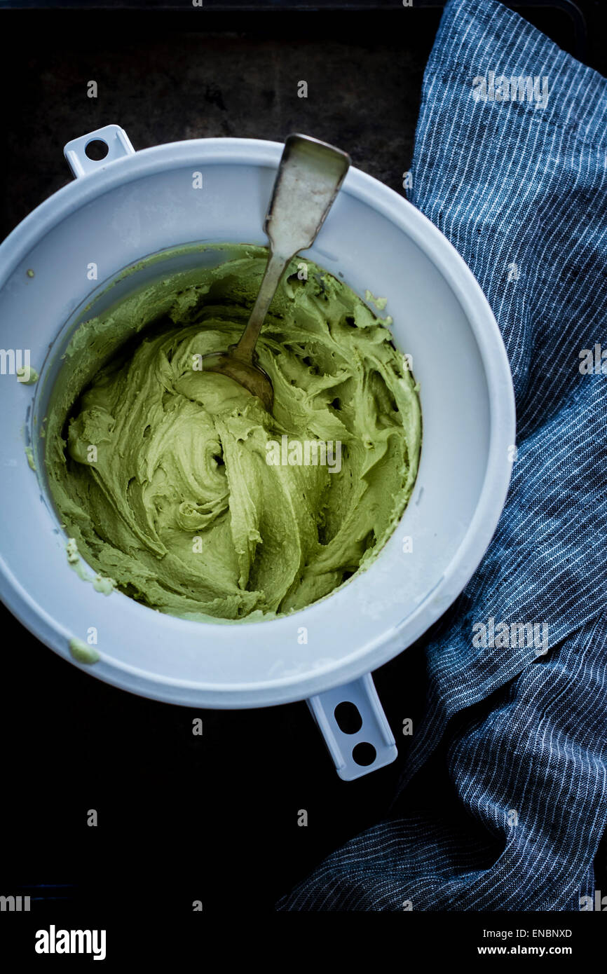 The recipe for matcha mint choc chip ice cream Stock Photo
