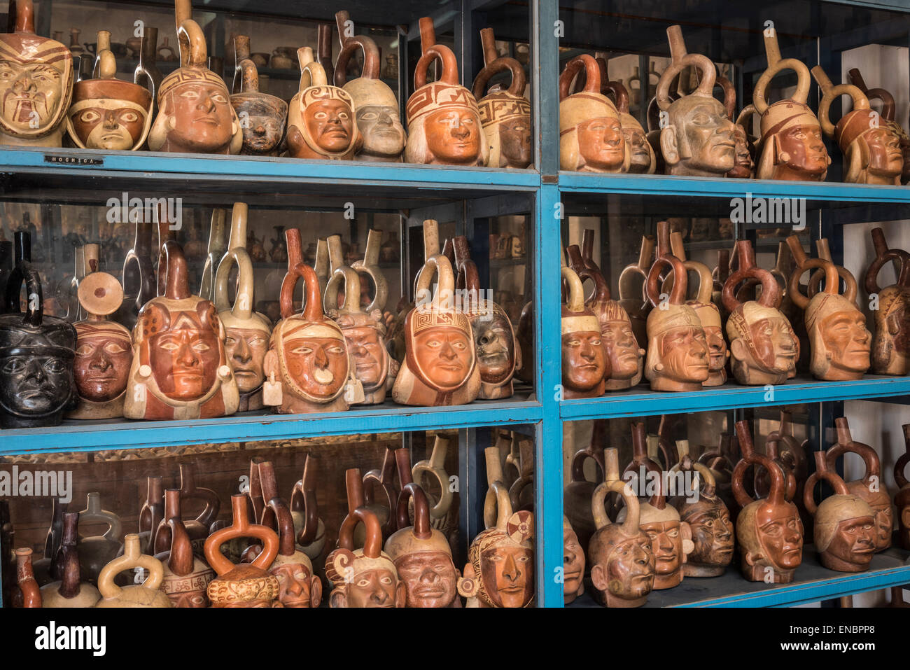 Huaco pottery vessels of the pre-Columbian Mochica (aka Moche) culture. The faces are portraits of real people. Museo Larco in L Stock Photo