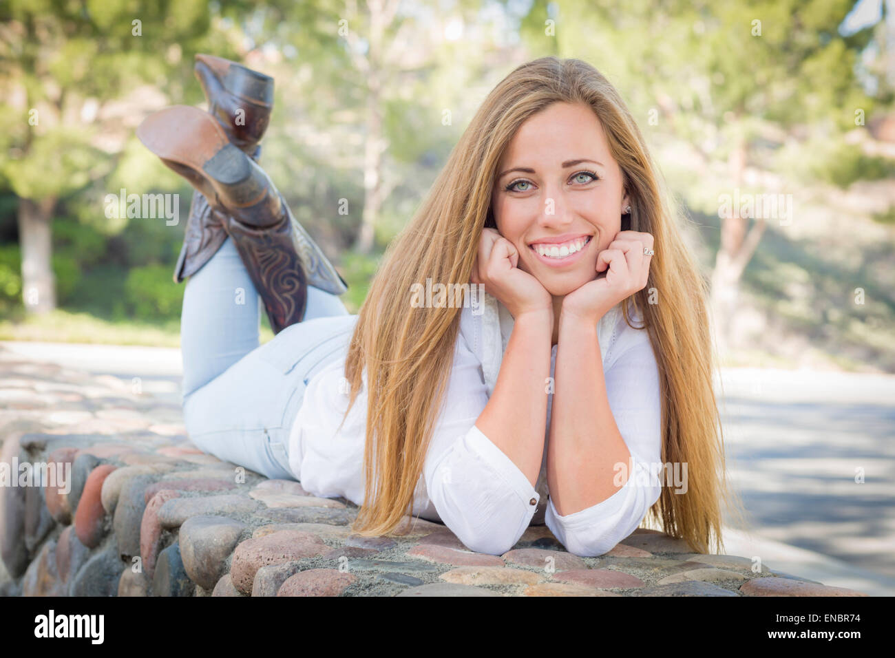 Portrait of a Beautiful Young Woman Outdoors at the Park Stock Photo ...