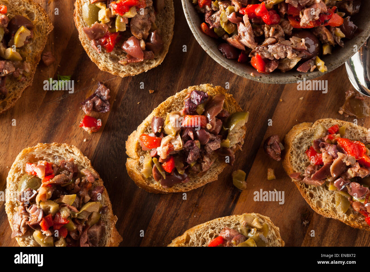 Homemade Mixed Olive Tapenade on Whole Wheat Crostini Stock Photo Alamy